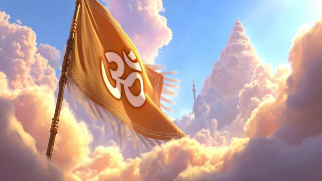Digital Illustration of a Sacred Om Flag Flying Among Clouded Sky During Hanuman Jayanti Celebrations
