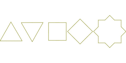 Sunny yellow geometric shapes: triangle, inverted triangle, square, diamond, and star, arranged in a line on a white background. Great for design, patterns, and abstract concepts.