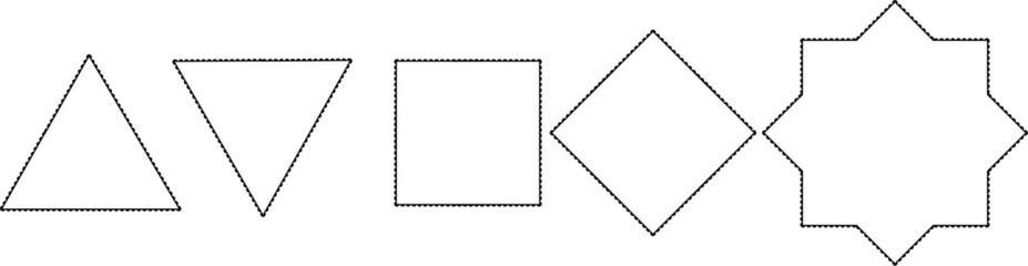 Classic black geometric shapes progression: triangle, inverted triangle, square, diamond, and an eight-pointed star, displayed in order on a white background. Versatile for design, patterns, and abstr