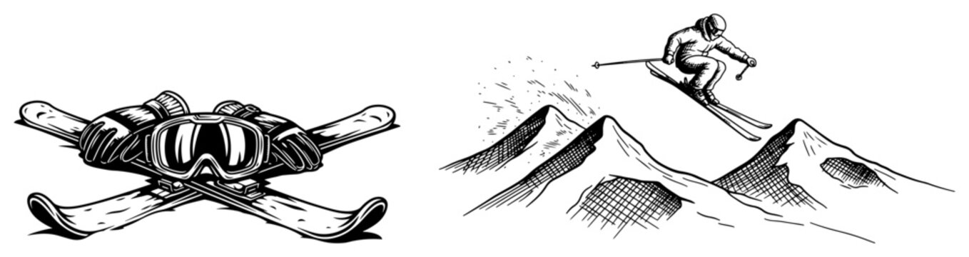 Set of winter ski equipment and a dynamic downhill skier jumping over mountain peaks in black and white vector art