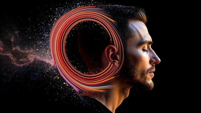 Profile of a man with colorful swirling paint emerging from his head