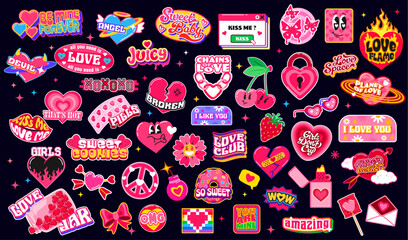 Love y2k retro groovy stickers, Valentines patch labels with vector pink hearts, Cupid arrows, flowers and gifts. Valentines Day love holiday stickers of y2k heart emoji, hippie peace and kiss lips