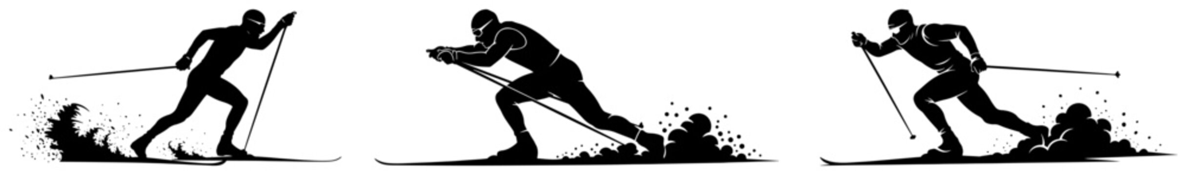 Cross country skiers silhouettes performing nordic skiing on snow track during winter training vector illustration