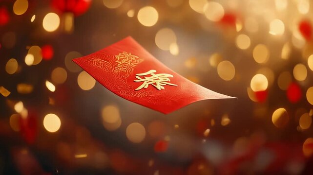 Vibrant red envelope of good fortune floating elegantly on an ethereal product podium background