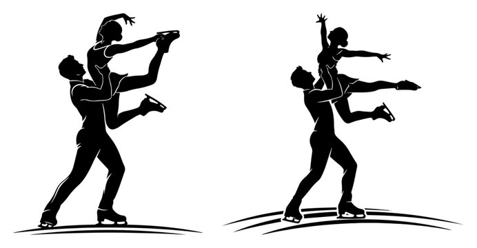 Elegant figure skating pair performing a graceful lift on ice in black and white silhouette style