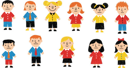 Collection of Youthful Figures: A delightful assembly of cartoon youngsters, each distinct in attire and expression, stands in neat arrangement.