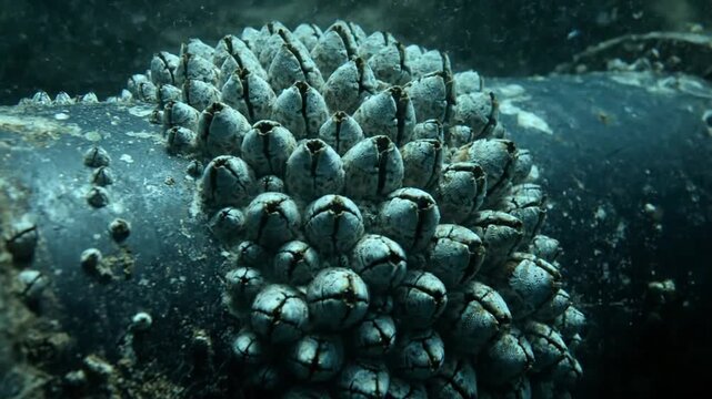 underwater barnacle colony attached to a dark pipe revealing marine life details