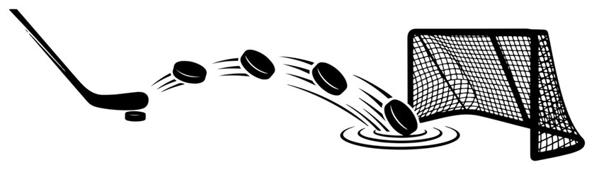 Ice hockey stick hitting a puck into a goal net silhouette vector illustration © Camel