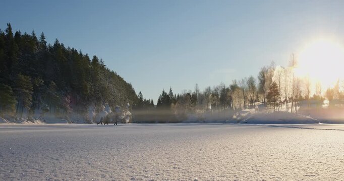 Family of Cross Country Skiers on Frozen Lake in Maridalen Oslo Norway