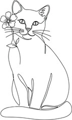 Single Line Drawing Cat with Flower on White Background, Minimalist Pet Portrait
