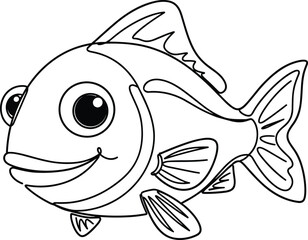 Simple Line Art Cute Fish Illustration, Isolated on White Background, Vector