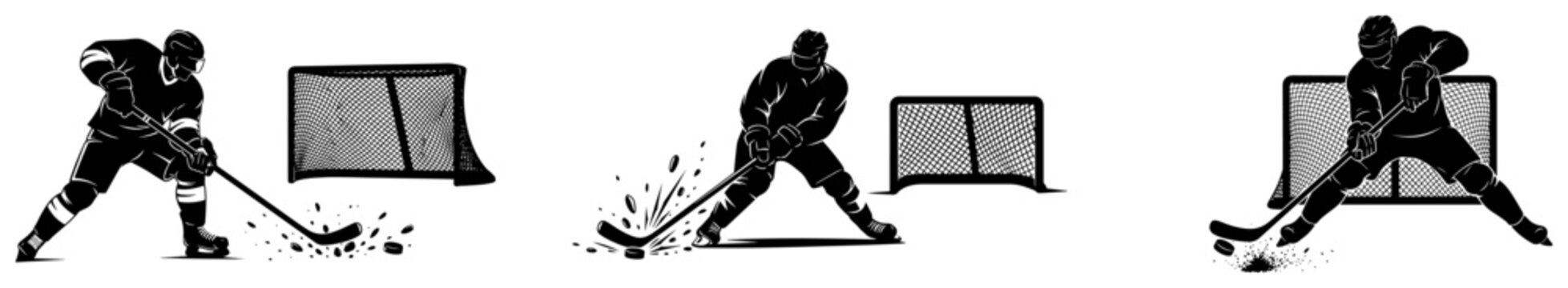 Black and white vector silhouette set of professional ice hockey players shooting at the goal