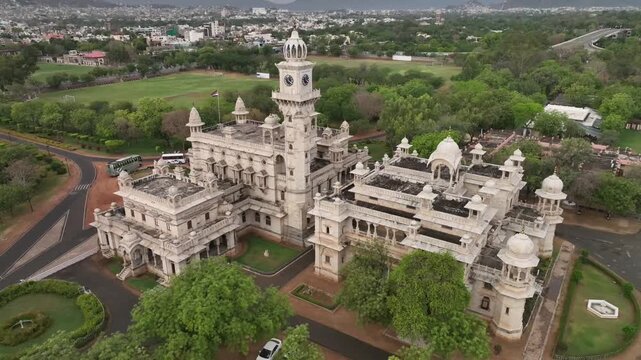 Mayo college heritage building surrounded by Mughal garden and Aravalli hills, Drone shot