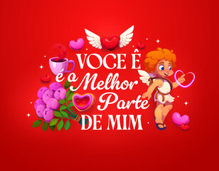 Naklejka premium Valentine Day voce e a melhor parte de mim spanish greeting quote vector typography. Cartoon cute cherub Cupid character, winged love heart and flowers Valentine Day greeting card with romantic quote