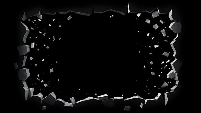 sedition. Shattered frame border with fragments dispersing on dark background, breaking constraints concept. wellbeing guides.