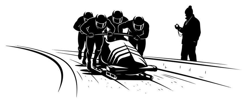 Professional bobsleigh team pushing their sled at the start of a race with a coach timing them