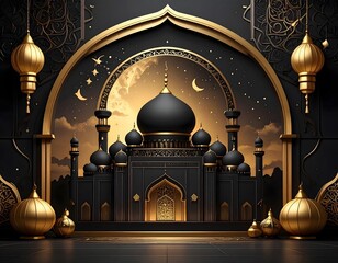 Ornate mosque with golden accents and crescent moons under a starry night sky, image (118).png