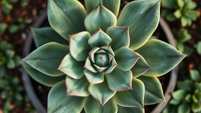 goral. A succulent plant with a central stem and eight plump leaves, top-down view. gardening catalogs, home-decor guides, designed for home decor and floral branding, used by performance marketers.