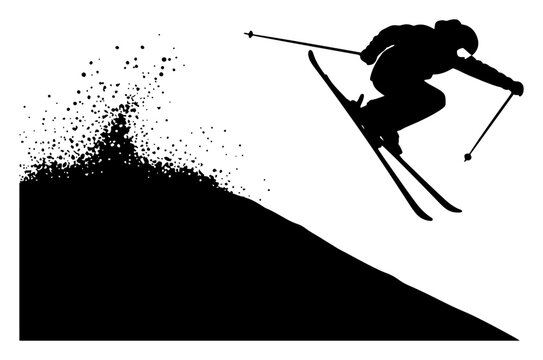 Freestyle skier silhouette performing dynamic jump over mountain slope with snow powder spray vector illustration