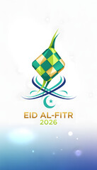 Celebratory Eid al-Fitr illustration with diamond-shaped motif and flowing curves, symbolizing joy and festivity in a vibrant green and gold design for 2026