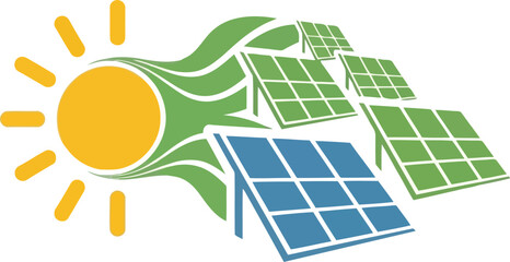 Innovative Solar Energy Design Featuring Solar Panels and Sun Icon for Renewable Energy Concepts © Bacon