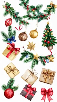 Festive Christmas elements including fir branches, baubles, gifts, and bows watercolor illustration