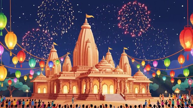 Cartoon Ayodhya Ram Mandir Celebration Night Lanterns and Fireworks