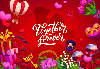 Naklejka premium Happy Valentine Day together forever quote greeting card vector typography. Valentine Day love holiday card with couple silhouette and romantic quote phrase in cartoon frame of gifts, roses, balloons