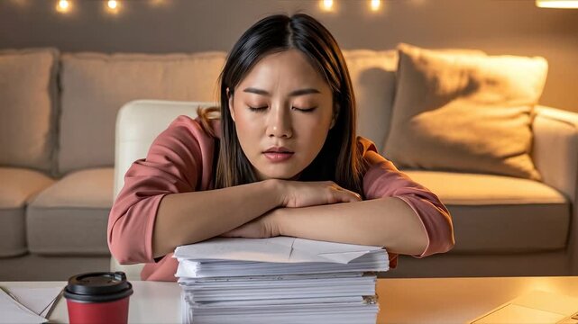 Intense Focus on Paperwork: A focused individual deeply engrossed in their work, resting arms upon a stack of documents, demonstrating diligent attention to detail, bathed in a warm.