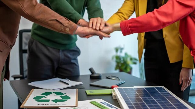 Teamwork and Sustainability: A group of professionals join hands over a desk adorned with eco-friendly resources, symbolizing unity and dedication to a greener future. 