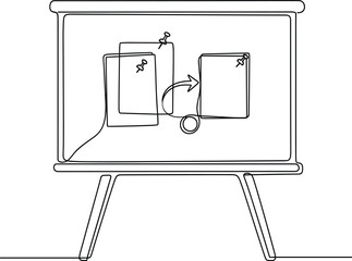 Whiteboard with sticky notes and arrow, minimal line art, top-down view