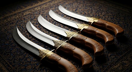 Collection of ornate curved daggers with intricately carved wooden handles and golden accents displayed on a textured dark rug