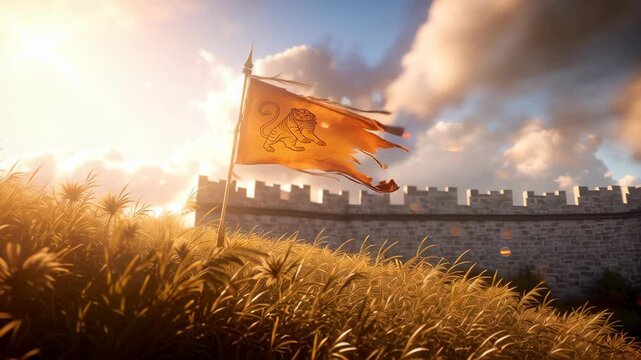 Symbolic Flag with Tiger Emblem Flying Over Ancient Fort at Sunset, Celebrating Hanuman Jayanti and Indian Cultural Heritage