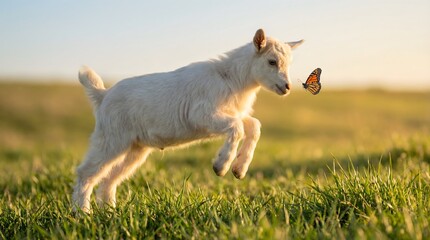 Obraz premium Playful baby goat (kid) jumping on green meadow while chasing a butterfly, capturing farm animal behavior, spring countryside life, joy, freedom, and natural outdoor scenery.