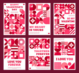 Naklejka premium Valentine day posters with abstract geometric pattern and shapes. Vector holiday flyers with romantic phrases like love you forever, together forever, be my valentine, I love you, my heart is yours