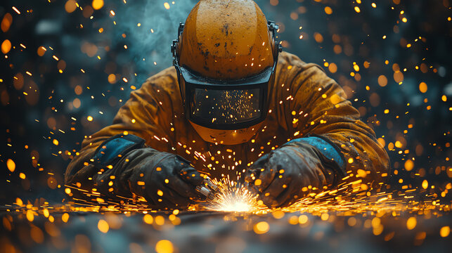 A skilled worker in protective gear conducts welding, surrounded by bright sparks and an industrial environment.