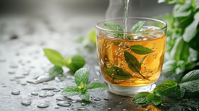 Refreshing herbal tea with mint leaves in a glass, perfect for relaxation and wellness, set against a serene background.