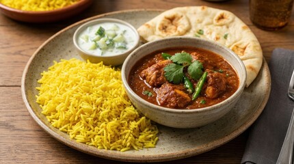 Flavorful Indian meal with yellow rice and spicy curry plate