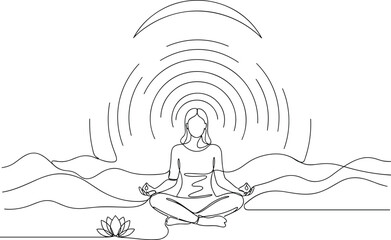 Woman Meditating in Lotus Pose with Crescent Moon and Sound Waves, Single Line Art