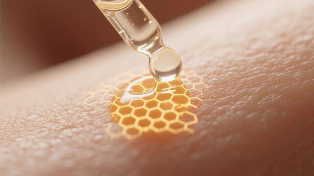 Medical laboratory dropper applies anti aging serum skin highlighting gene science for healthy care and longevity health research and treatment with glowing serum pattern symbolizing advanced