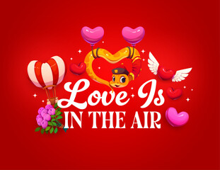 Naklejka premium Happy valentine day love is in the air quote. Cartoon vector greeting card featuring playful cute snake character in Chinese attire flying on balloons among winged hearts, flowers and hot air balloon