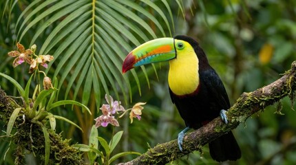 Naklejka premium Colorful toucan bird tropical wildlife exotic beak yellow feather background
