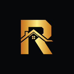 Golden letter R house logo symbolizing real estate or property, R letter logo