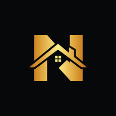 Golden house logo on black background for real estate branding, N letter logo