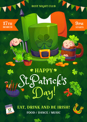 Naklejka premium Irish St Patrick day holiday party flyer invitation poster with shamrock, leprechaun hat, Irish flag, beer, gold coin and festive treats. Nightclub event promo with food, dance and music on march 17th