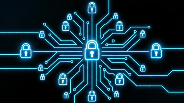 Glowing Digital Security Circuit Network with Lock Icons.