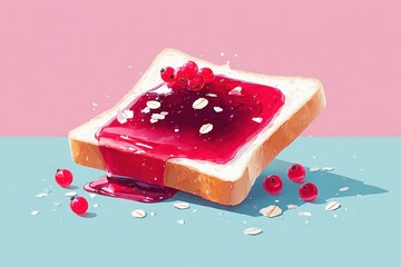 Sweet Toast with Red Berry Jam and Fresh Berries on Pastel Background