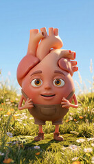Cute Heart Character Standing in Flower Meadow, 3D Cartoon