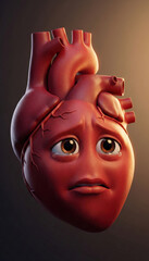 Sad Anthropomorphic Heart Character Portrait on Dark Background