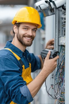 Electrician Man Wearing Yellow Hard Hat Working on Electrical Panel in Industrial Setting